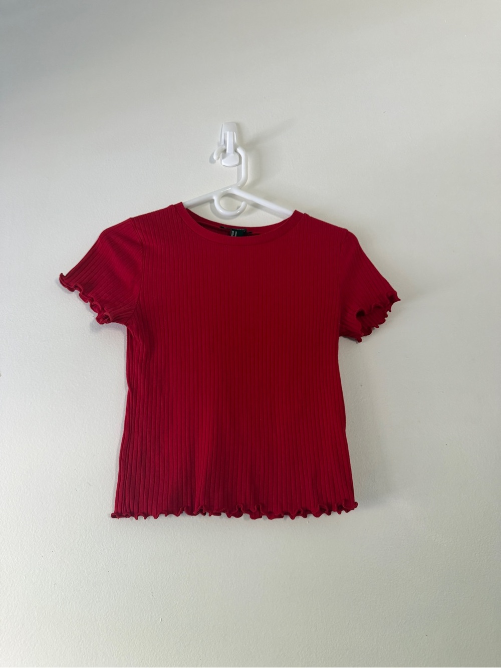 Girls Red Ribbed Lettuce-Edge Tee